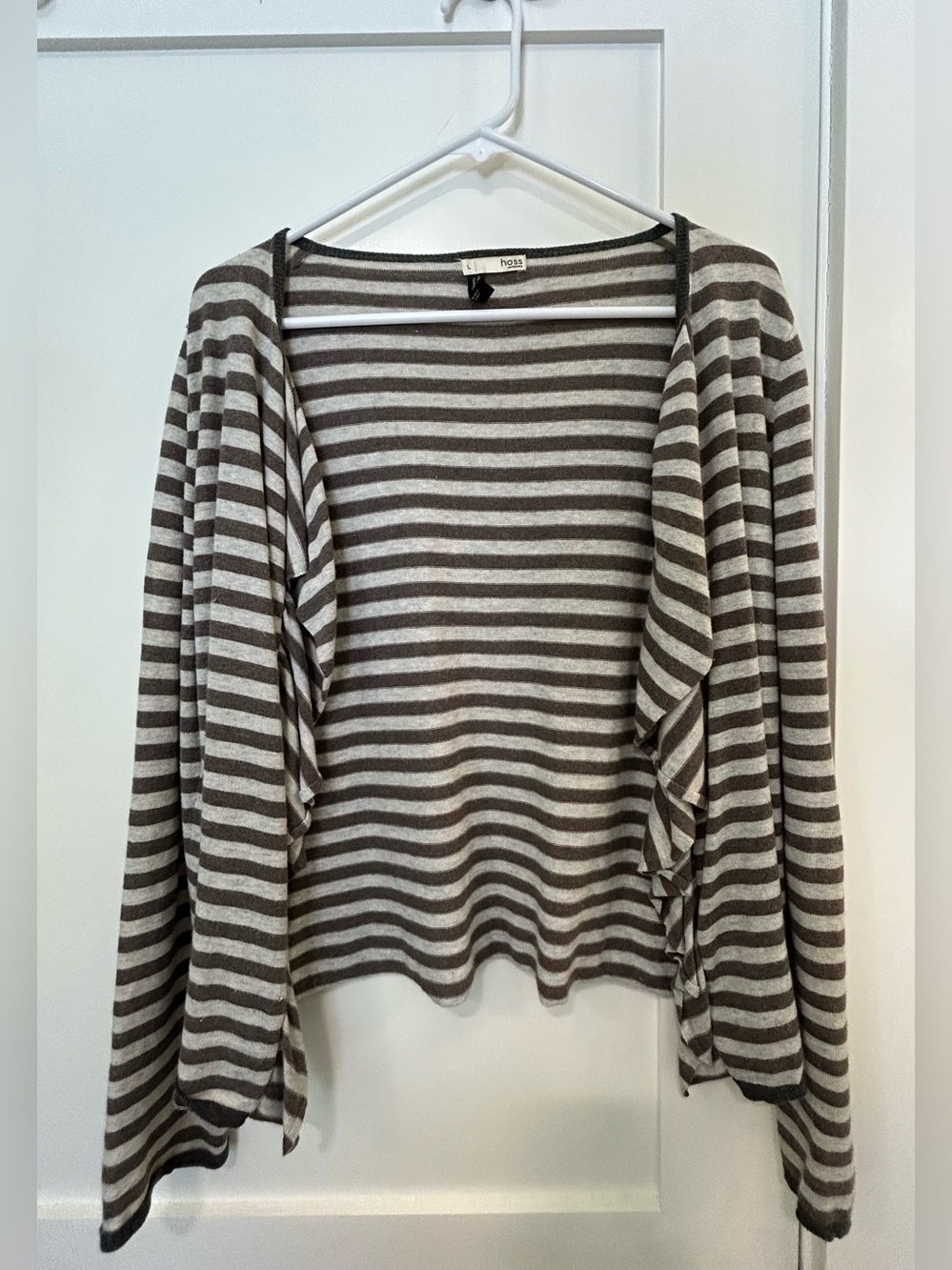 Hoss Intropia Brown Cream Striped Waterfall Cardigan L Cotton Cashmere Ruffle